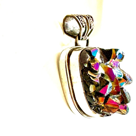 Sterling w druzy stones crystals geodes handcrafted pendant OOAK artist signed - Picture 2 of 7